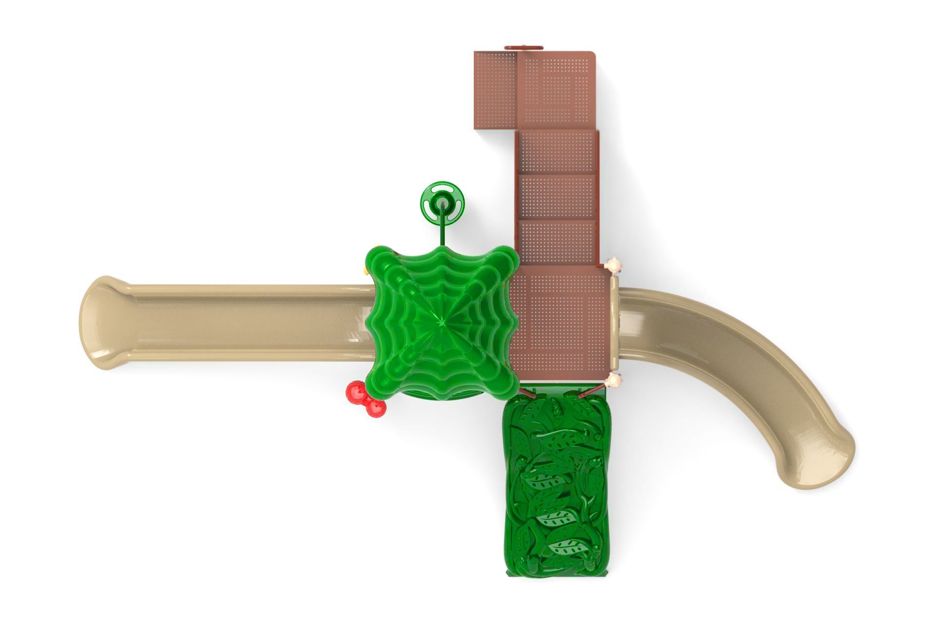 Overhead view of compact playground with two beige slides, green climbing wall, and green canopy roof