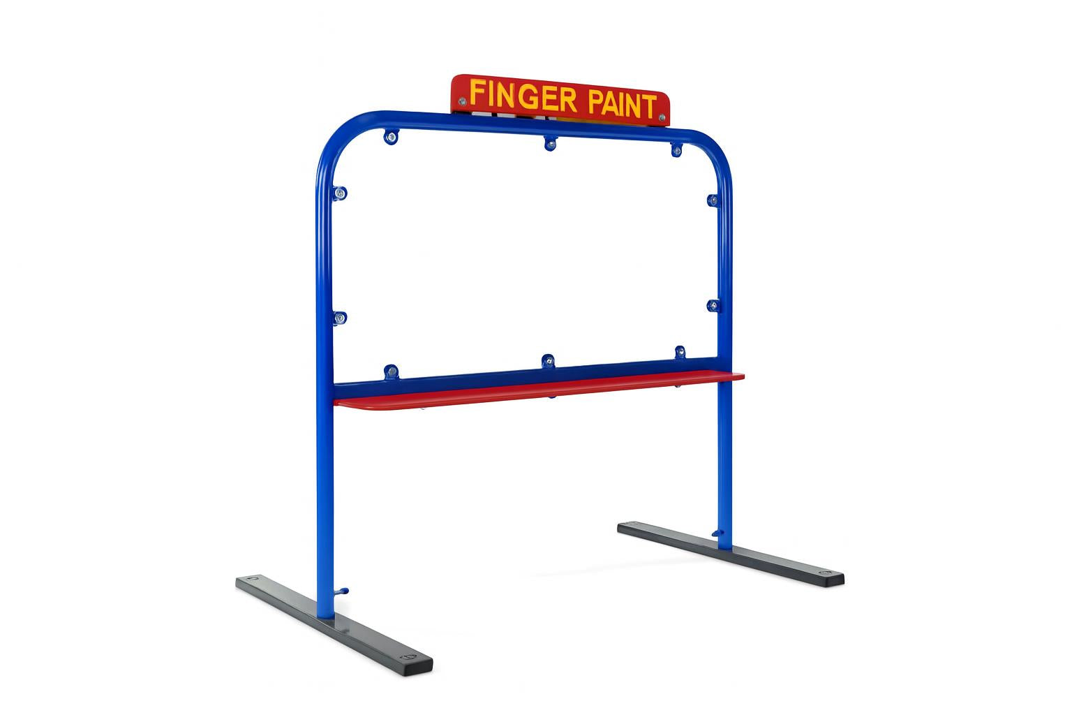 Finger Paint Art Board with blue frame, red paint tray, yellow lettering, 8 cup-holders, and wipe-clean polycarbonate surface for kids' creative play