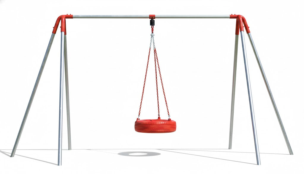Heavy Duty 6 Foot High Tire Swing with red tire swing hanging from heavy-duty metal frame on grass