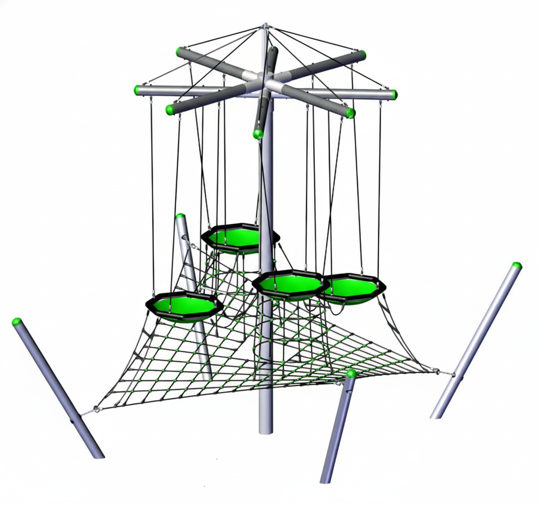 Laola Climbing Structure with four suspended green Bird's Nests, cargo net platform, climbing ropes, and ladders for dynamic outdoor play