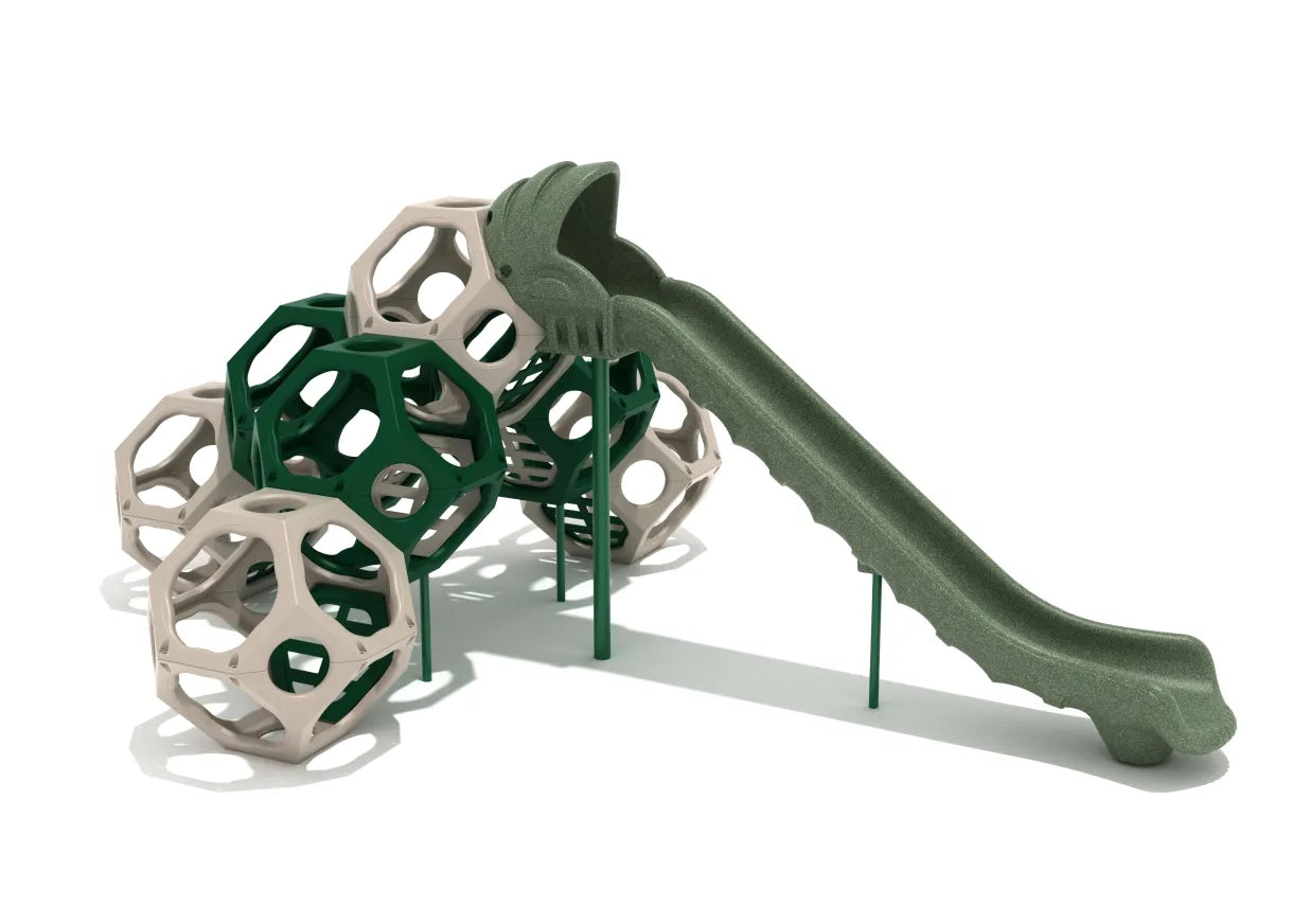 Heights of Hippasus climbing cube structure with green and tan polyhedral shapes and a long green wave slide