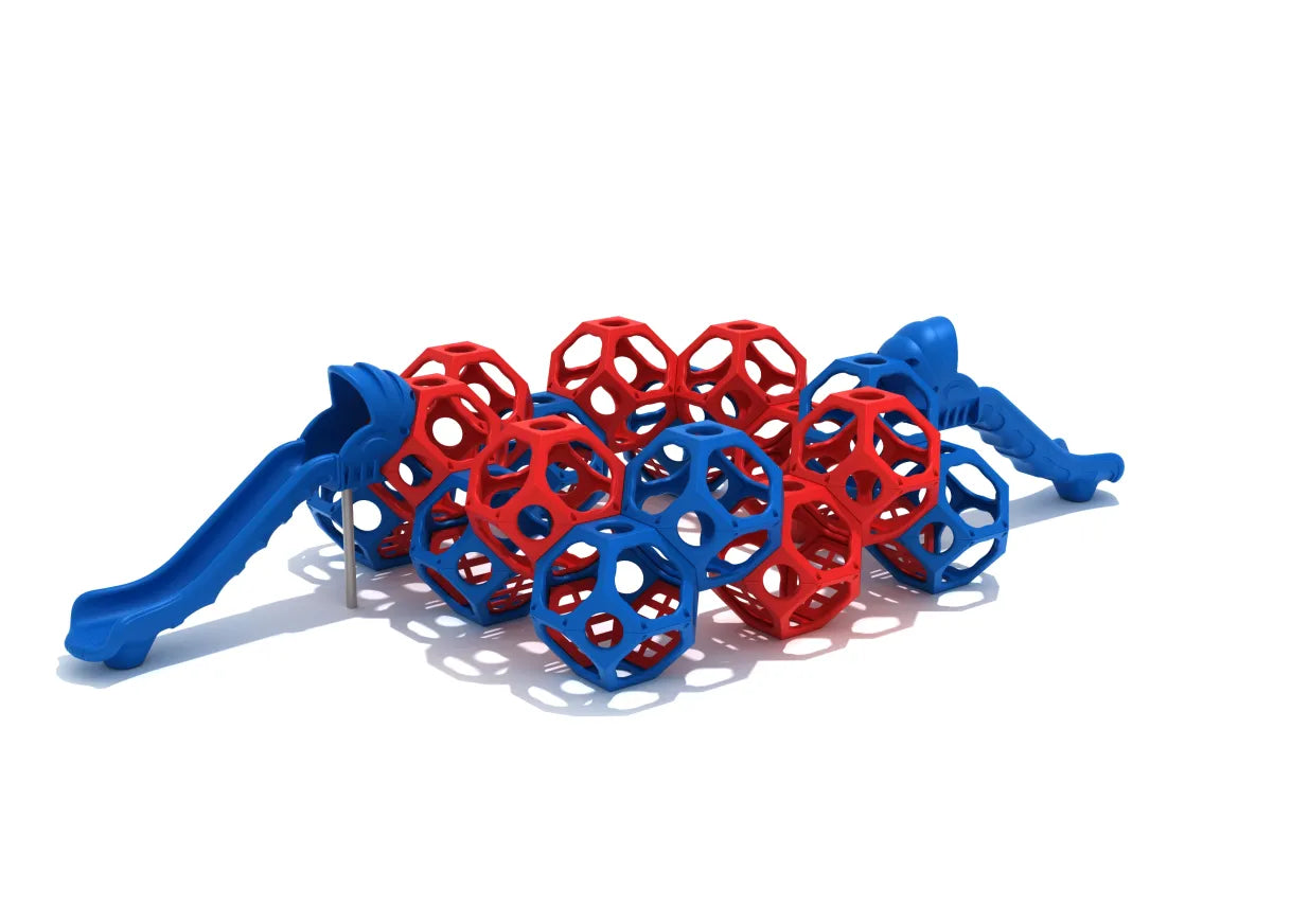 Side view of Marjorie's Majesty playground structure showing interconnected red and blue climbing pods and two slides