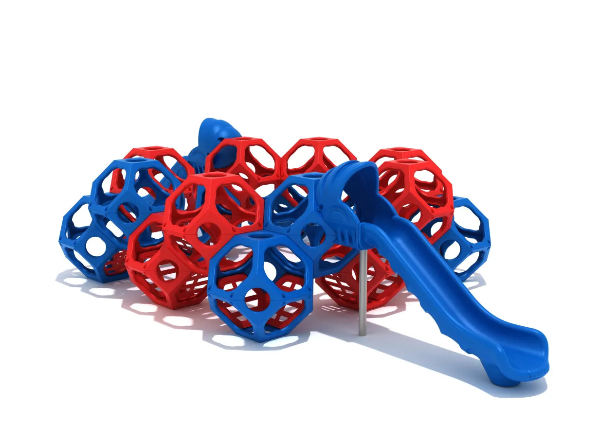 Front view of Marjorie's Majesty climbing equipment with blue and red geometric pods and dual blue slides