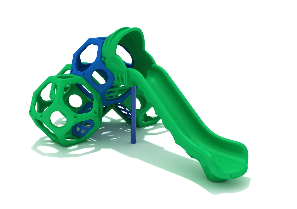 Elbert's Edge climbing cube with green and blue polyhedral shapes and a green wave slide, front view