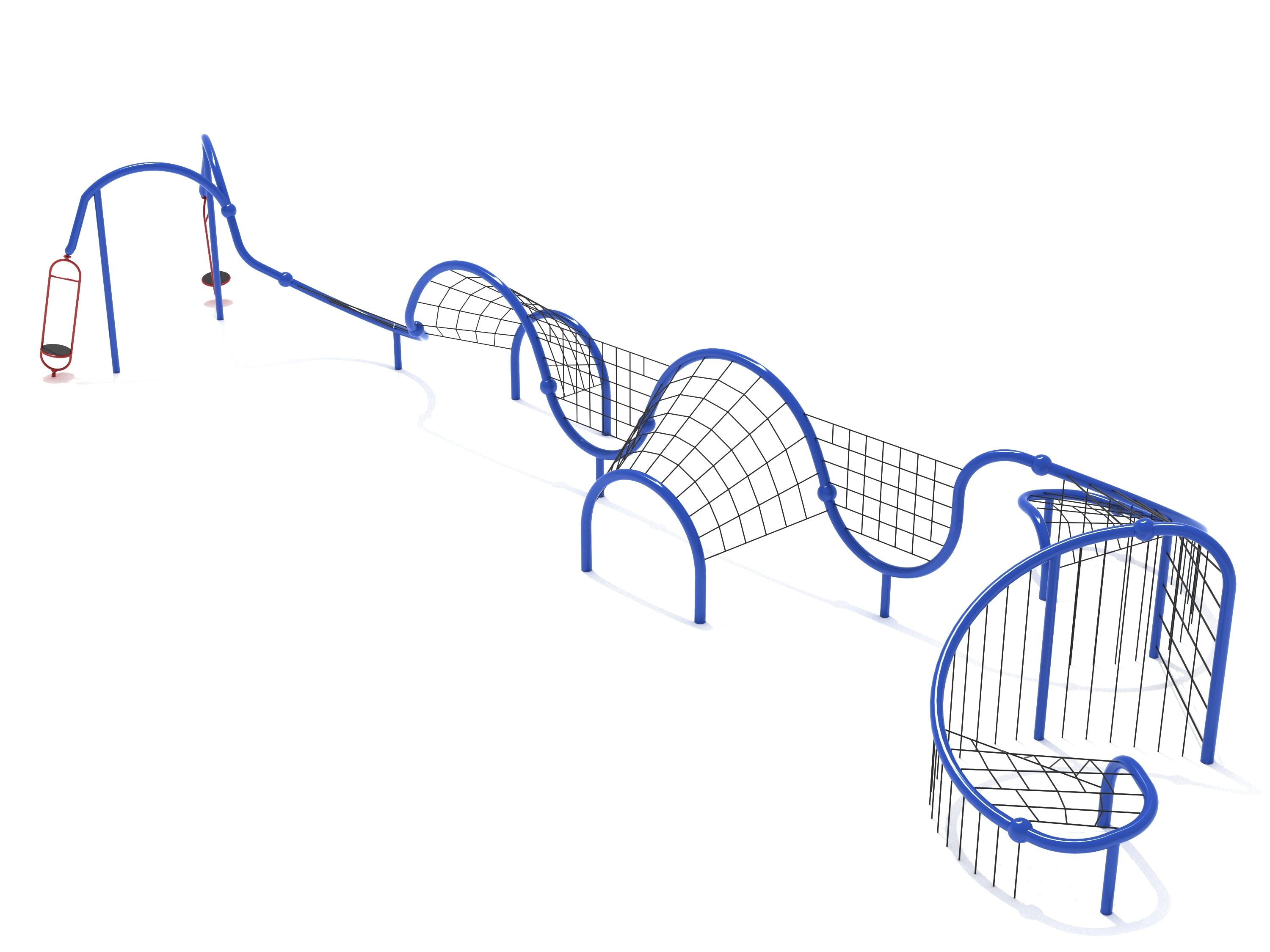 Blue and red rope net climber with wave-like arches, curved climbing structures, and integrated rope bridges for dynamic playground play
