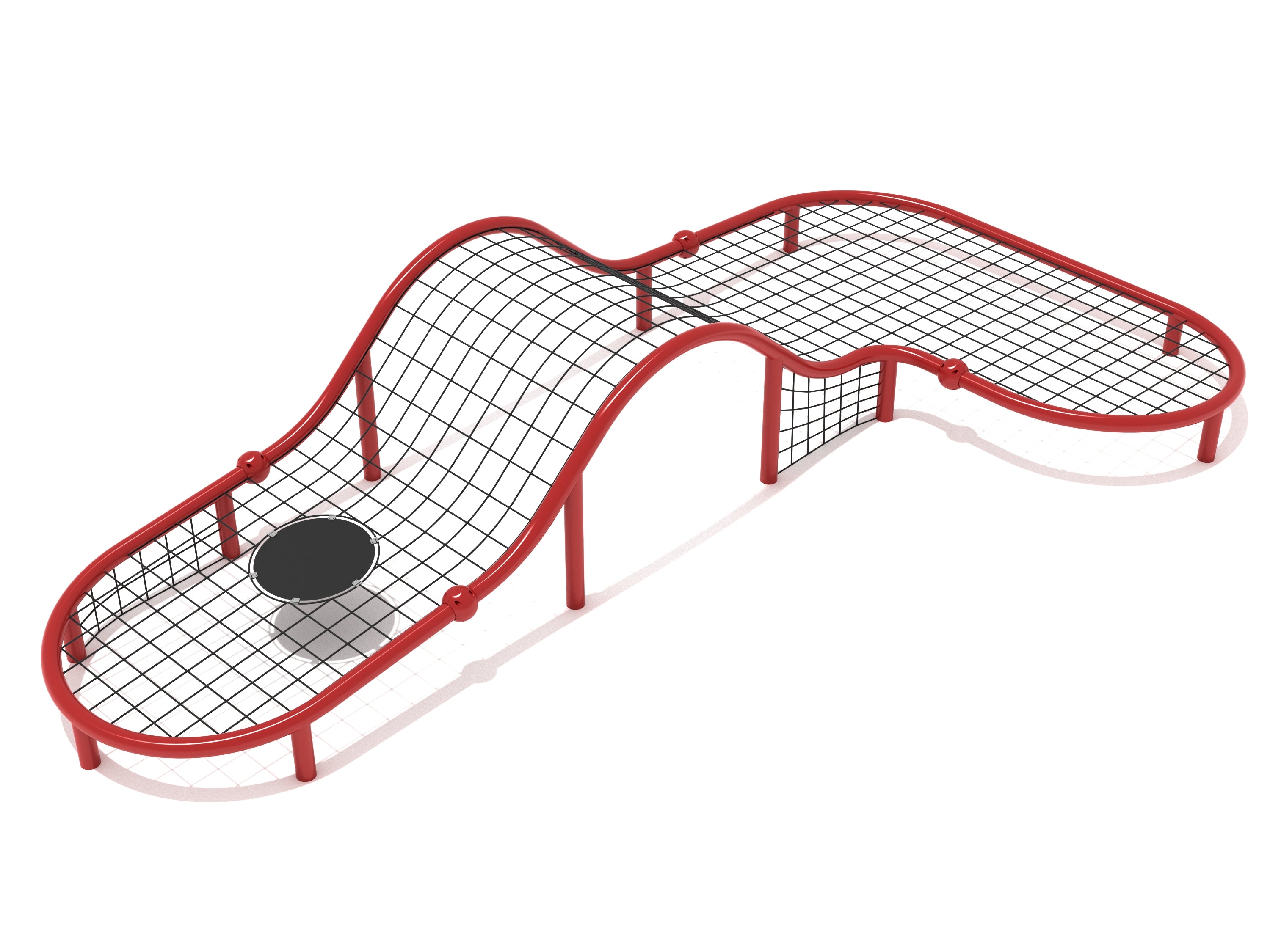 Launch Pad Net Climber with red rounded frame, wavy black climbing net, and integrated vertical net wall for active group play
