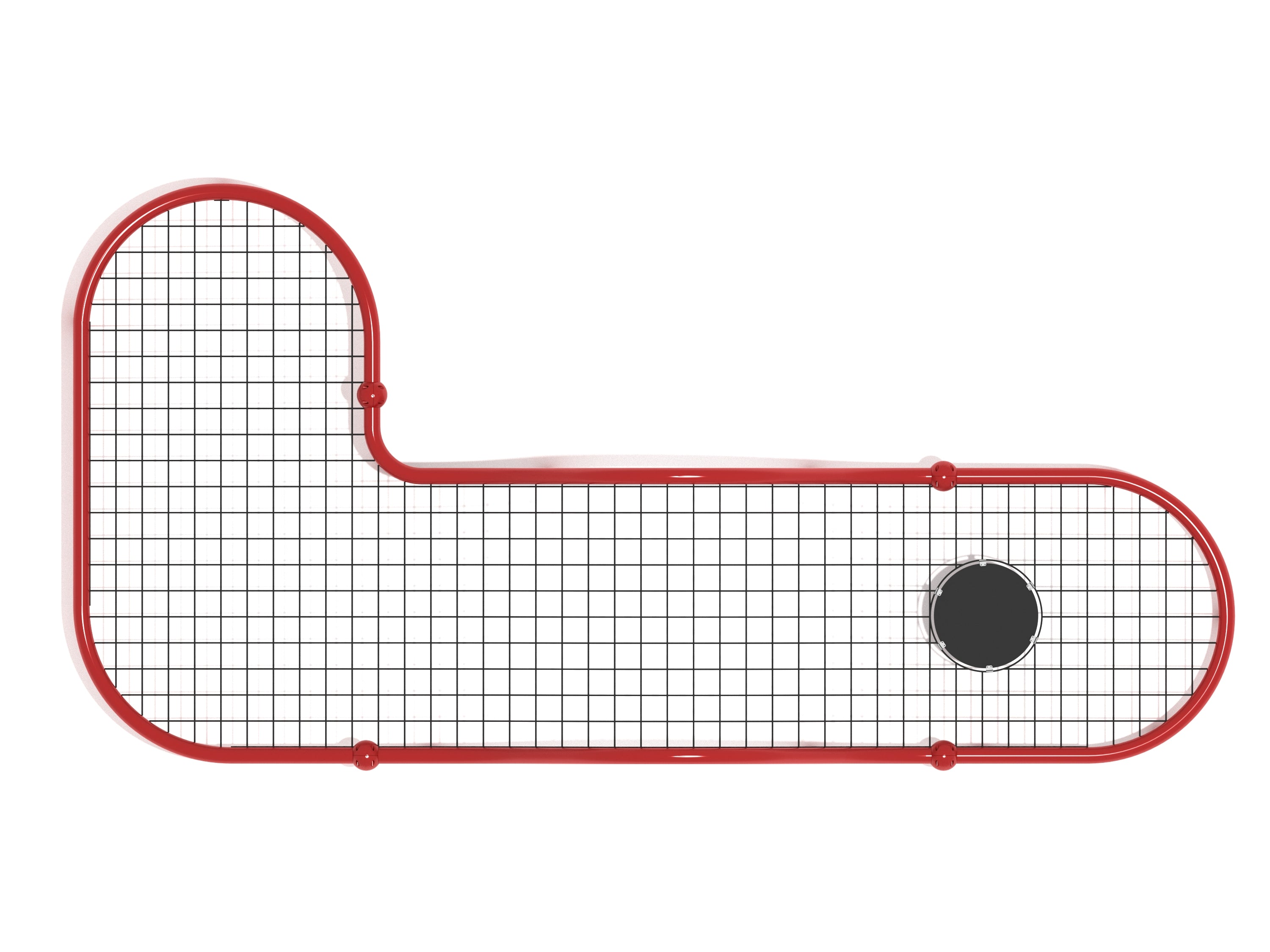 Overhead view of a red-framed wavy net climber with grid-patterned climbing surface and ringed perimeter handholds