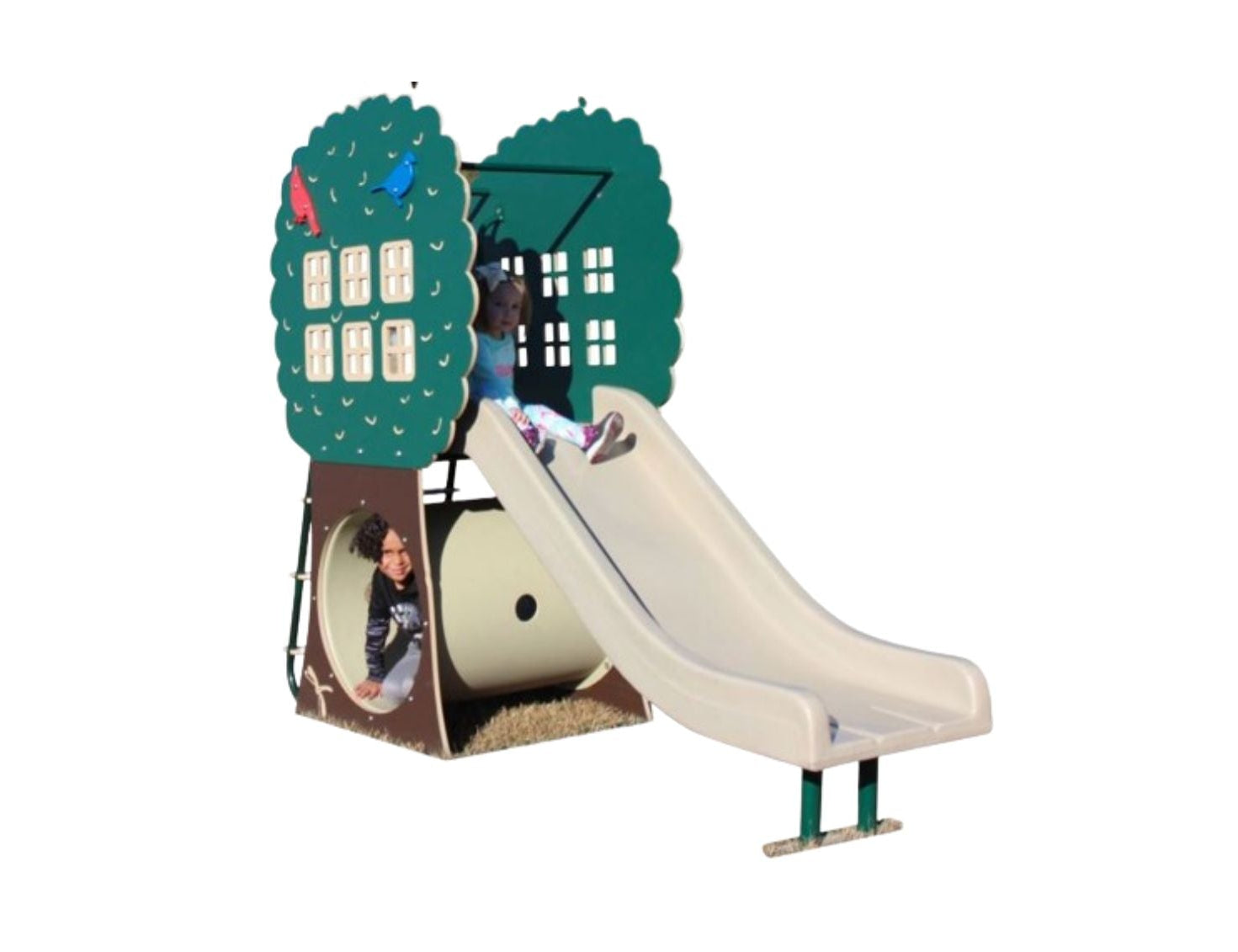 Treehouse Fun Slide with green treehouse structure, beige slide, and crawl tube, children playing