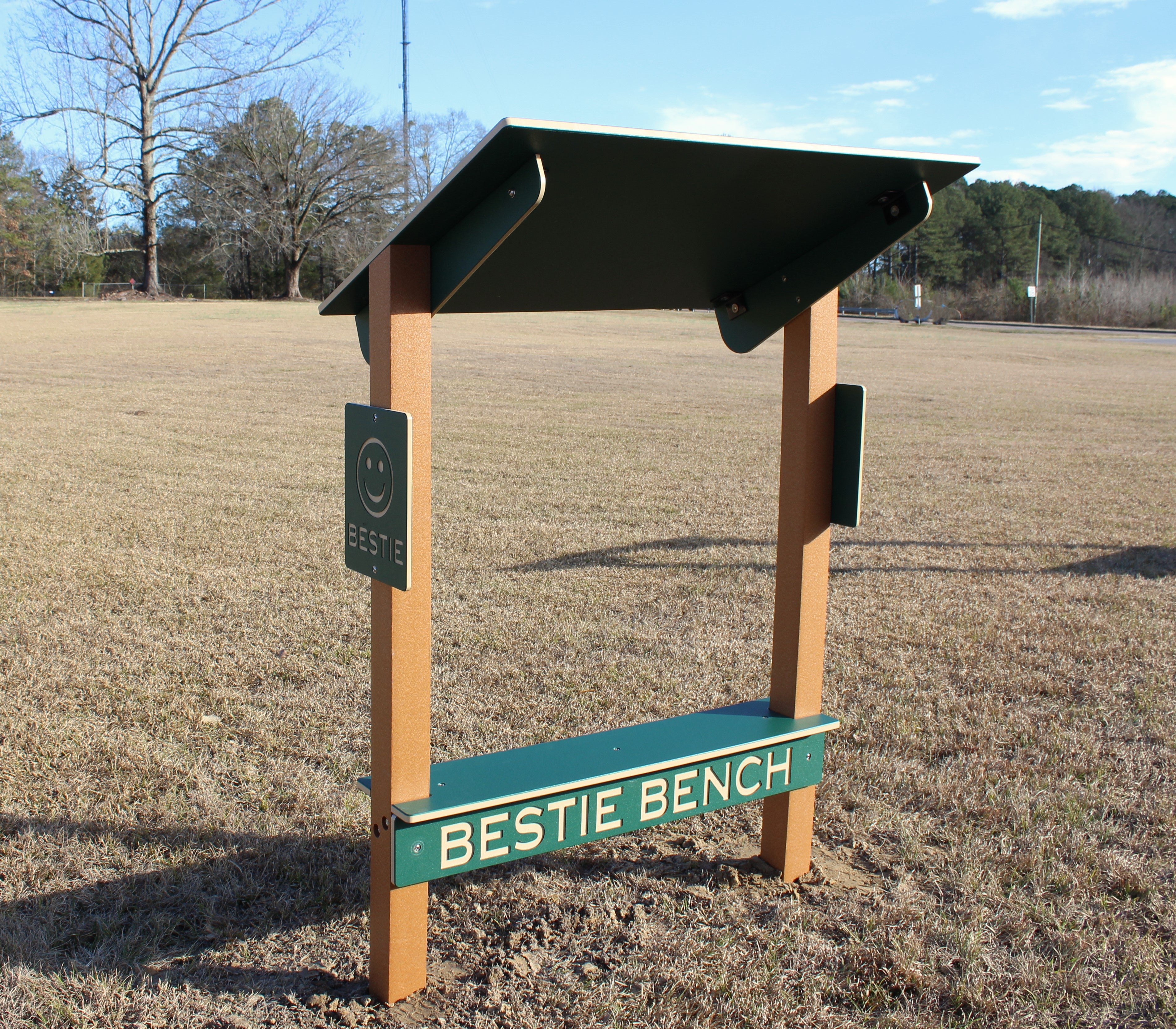 Bestie Bench permanent green and beige park bench with shade canopy, sturdy posts, and smiley face signage promoting friendship and inclusion