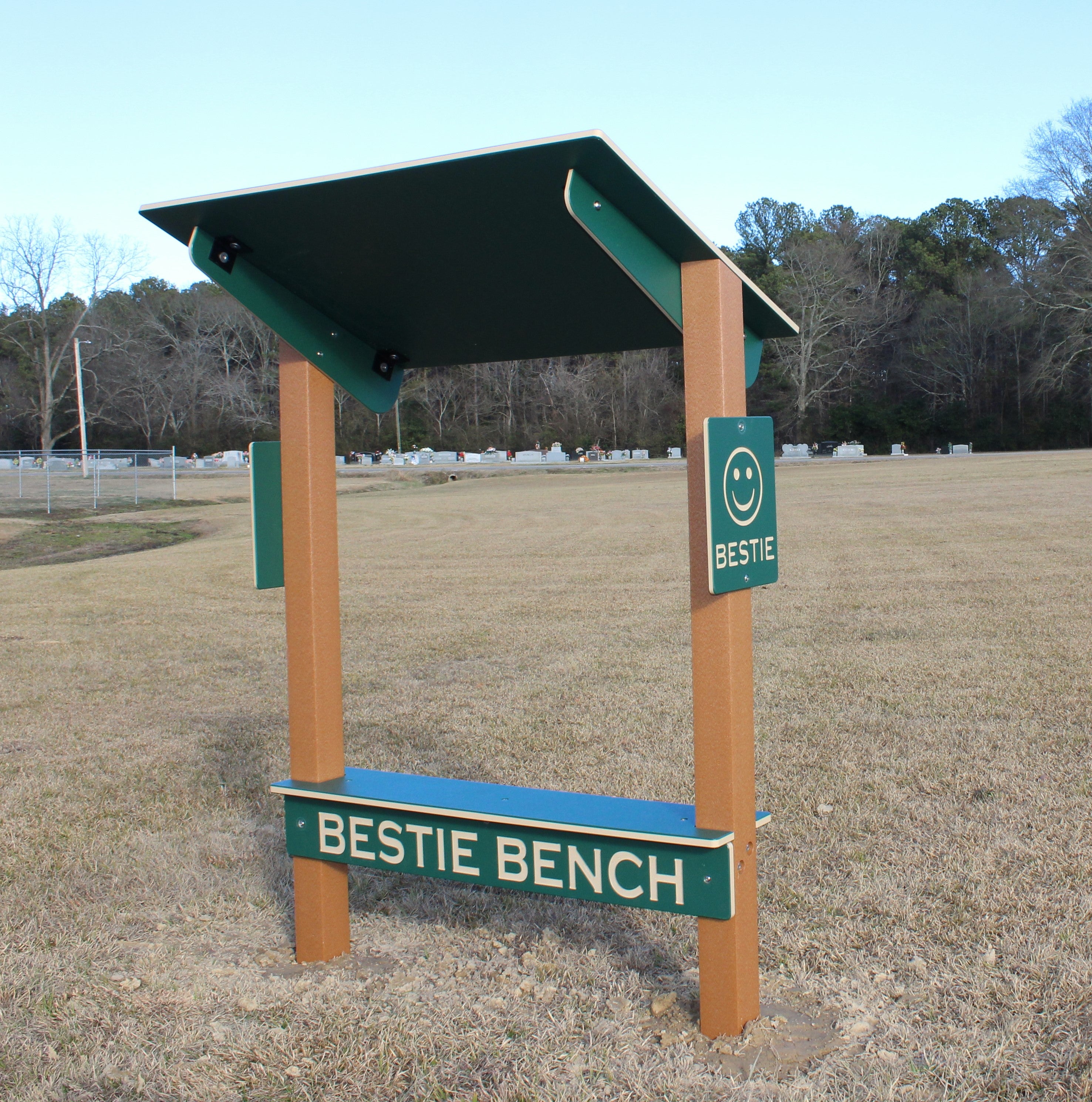 Bestie Bench outdoor playground bench with green panels, brown posts, shade canopy, and smiley face signage promoting friendship and inclusion