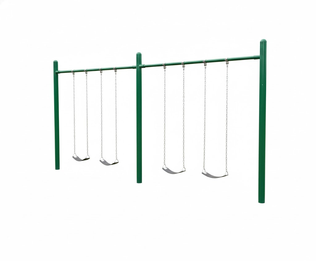 Single Post Swing Set with green metal frame and six black belt swings suspended by chains in a park setting