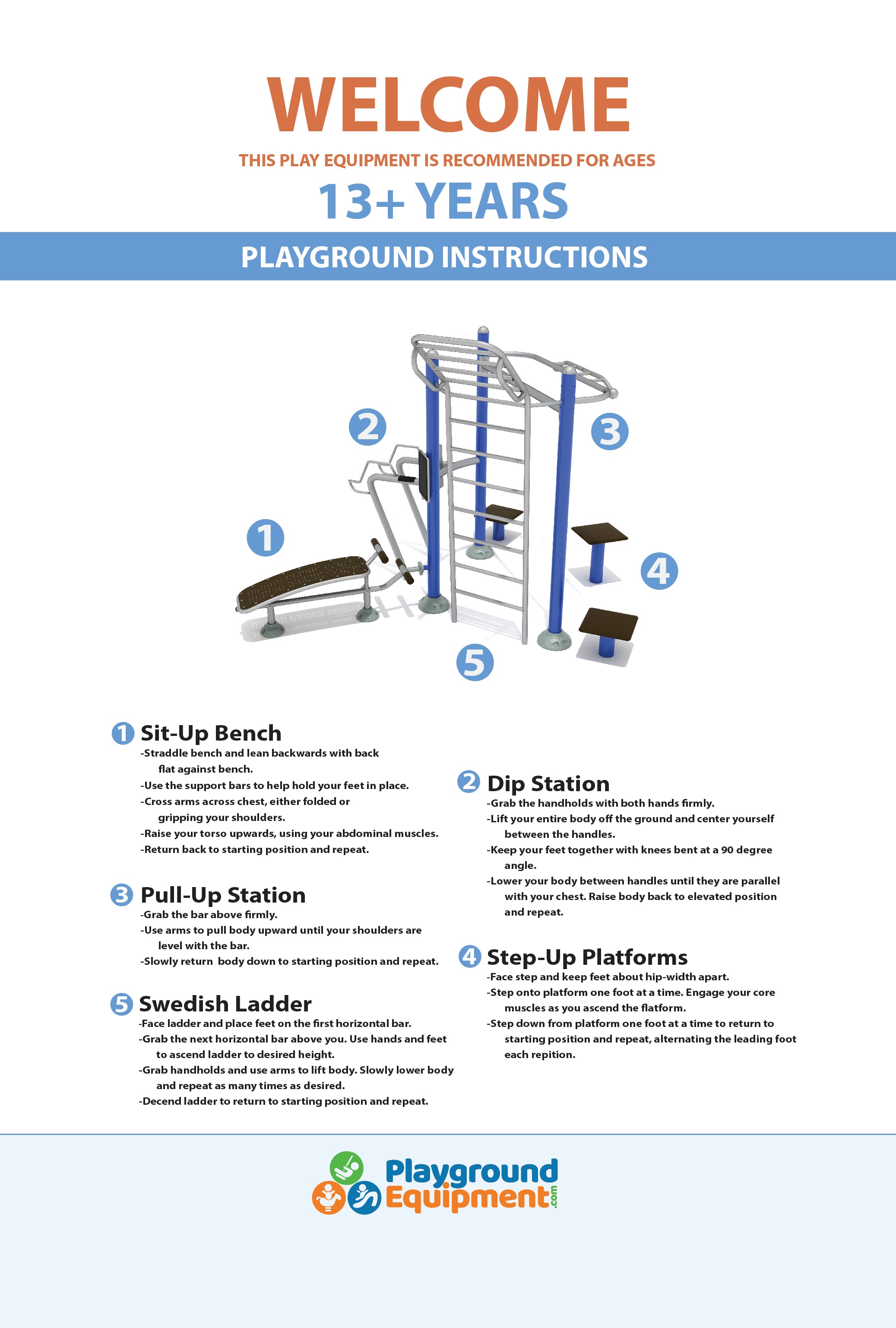 Outdoor fitness station sign with illustrated exercise equipment and instructions for sit-up bench, dip station, pull-up bar, step platforms, and Swedish ladder.