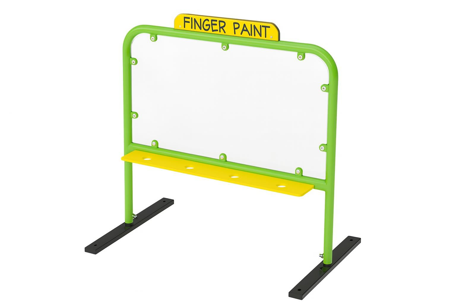Finger Paint Art Board with green frame, yellow shelf, eight cup holders, and clear wipe-clean surface on artificial grass