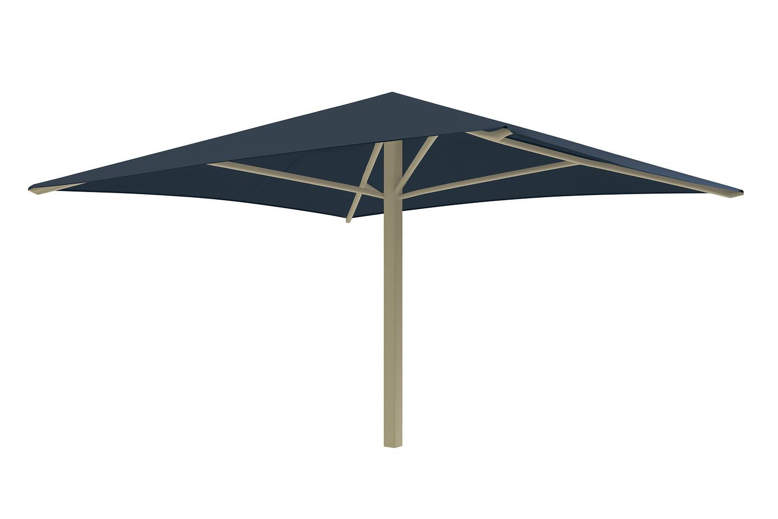 Center Post Square Umbrella Shade with dark fabric and beige frame shading sandy playground area with picnic tables and green play structures