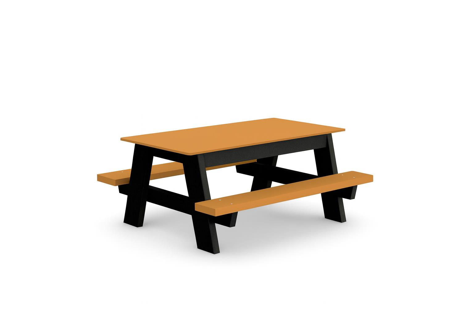 Kids Recycled Plastic Picnic Table with orange top and seats, black legs, designed for children’s outdoor use
