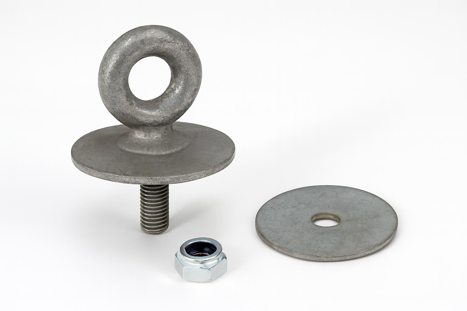 Tire Eye Bolt set with metal eye bolts, large washers, and lock nuts for secure swing set chain attachment