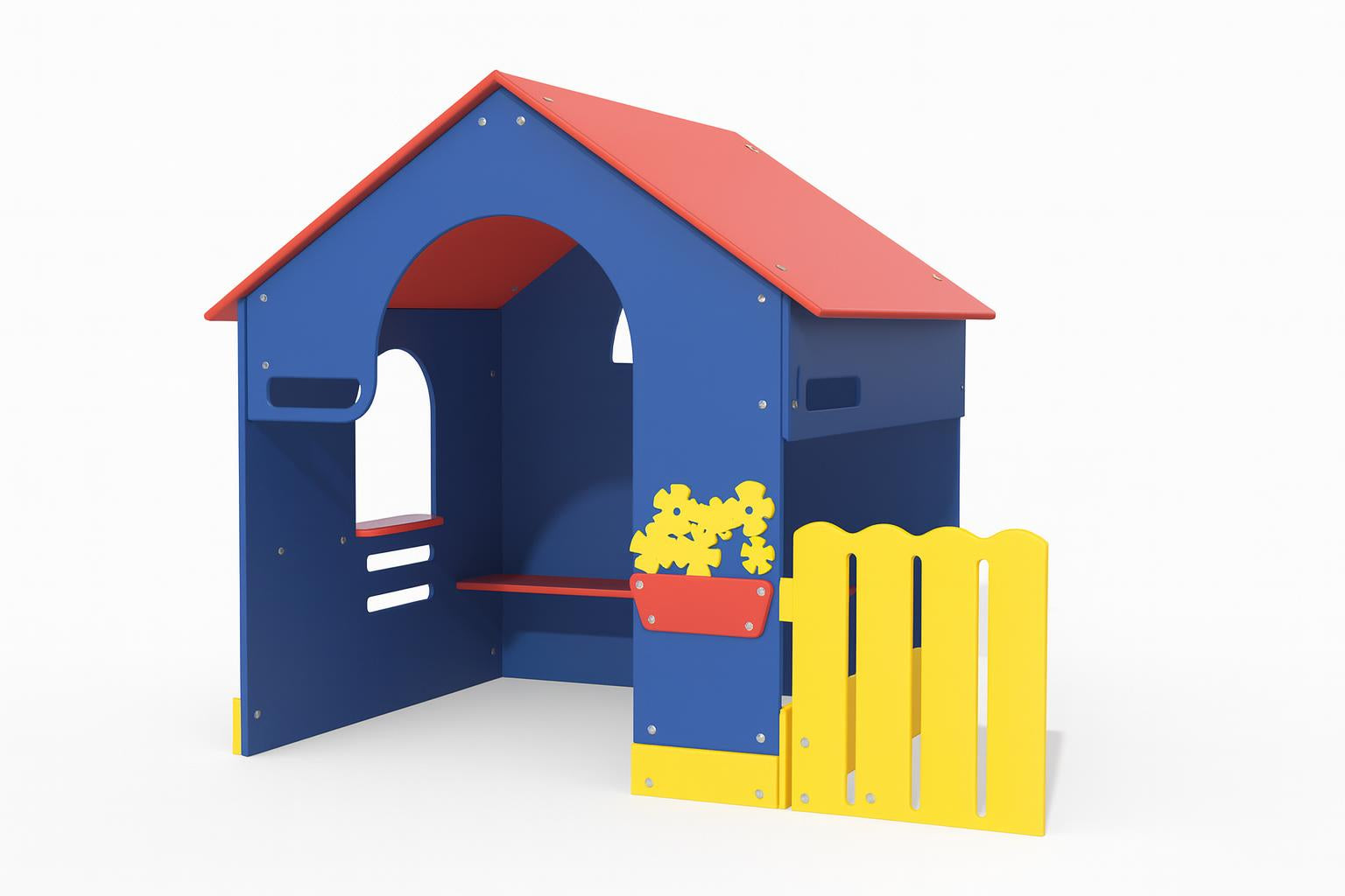 Tot Town Outdoor Tot House with red roof, blue walls, yellow gate, and flower-shaped play elements in vibrant primary colors
