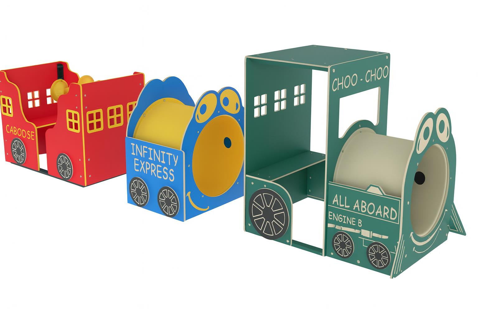 Infinity Express Choo Choo 3 Piece colorful outdoor playground set with green engine, blue middle car, and red caboose on grass