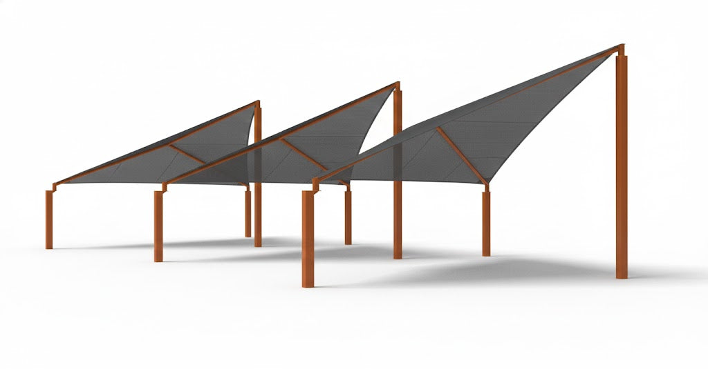 Wave Shade Structure with 4 Posts featuring colorful wave-shaped fabric canopies supported by orange posts over outdoor picnic tables