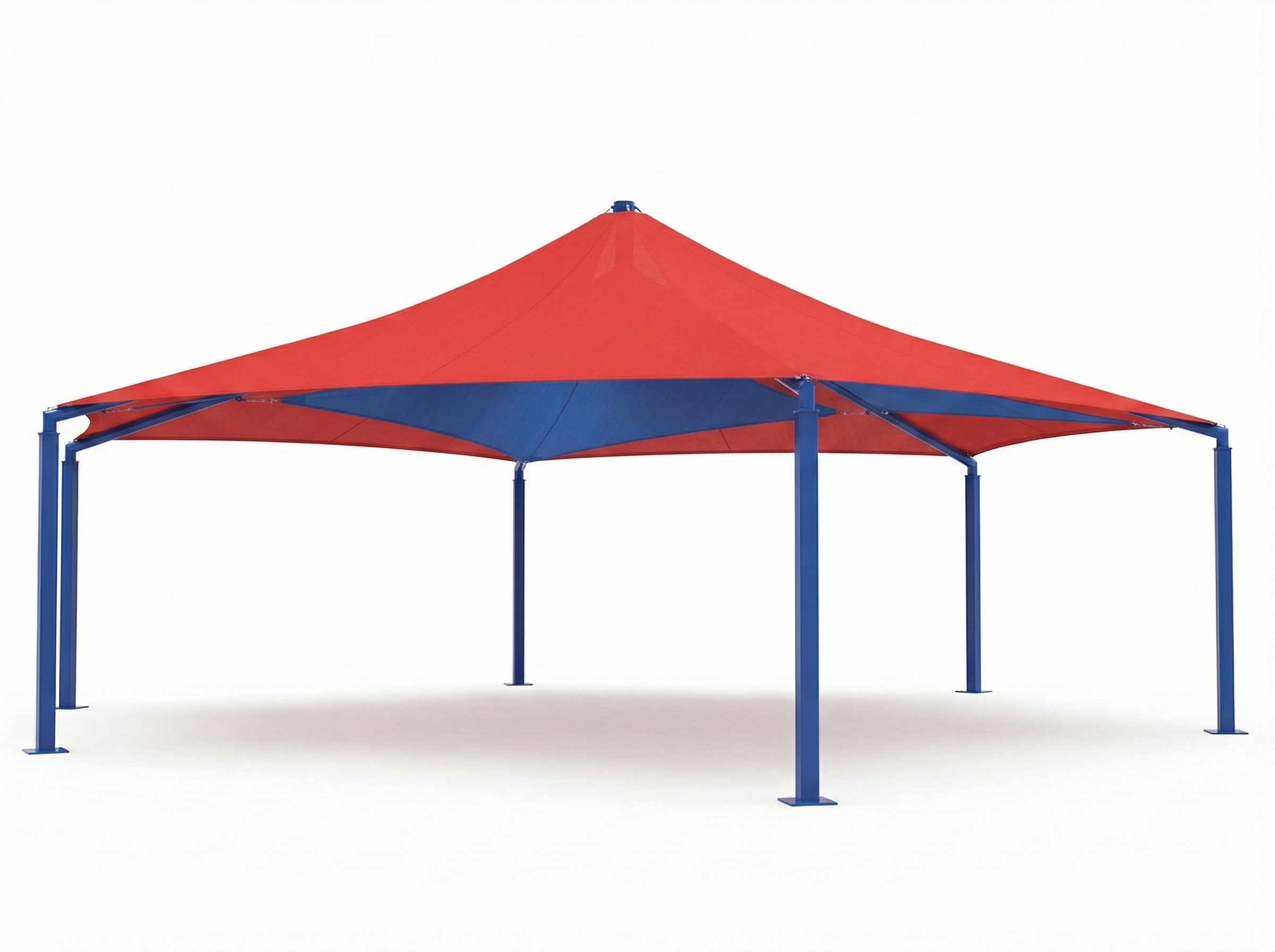Mariner Hexagon Shade Structure with 6 blue posts and layered red and blue fabric canopy shading paved area near school building