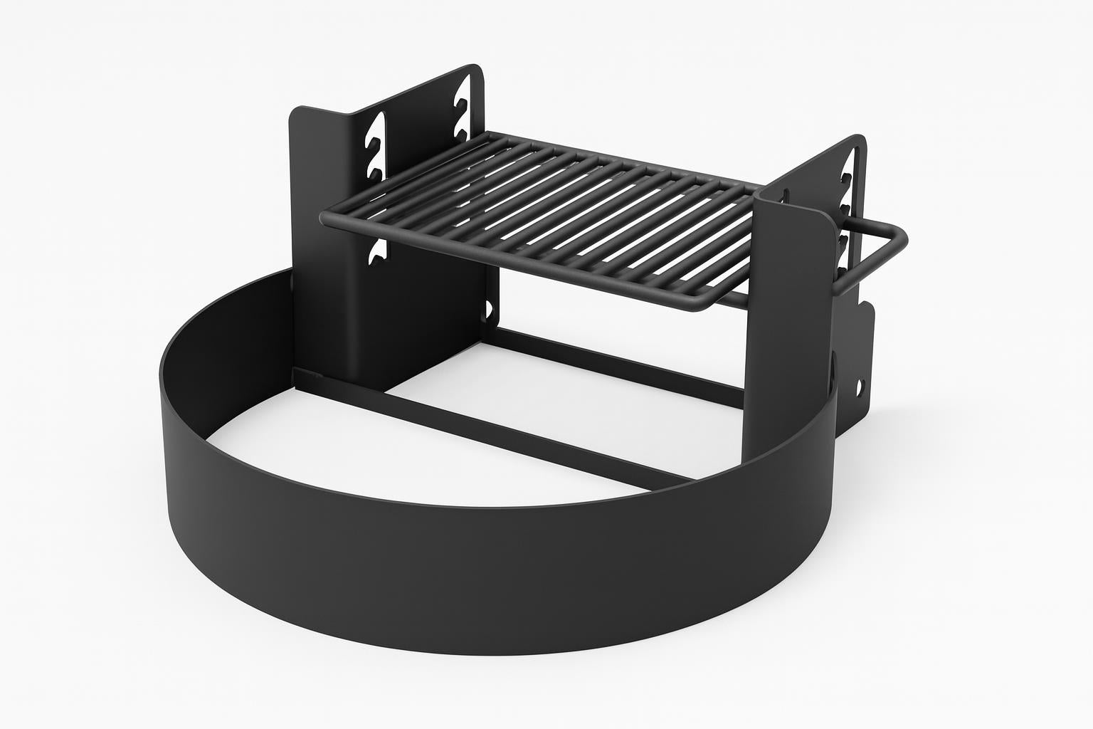 Fire Ring with Adjustable Grate 7" High black steel fire pit set with raised multi-level cooking grates and cool coil handles holding hot dogs outdoors
