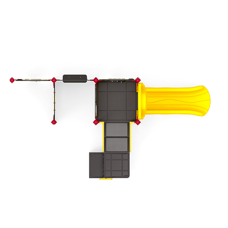 Overhead view of a yellow playground slide attached to a black and red climbing structure with platforms and bars