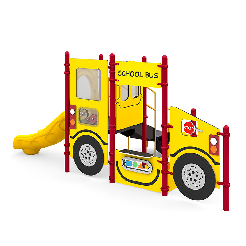 Bright yellow school bus playground structure with red posts, interactive panels, and a slide for active imaginative play.