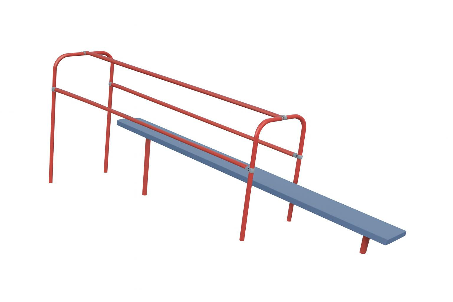 Pull Slide Challenge playground equipment with red frame and galvanized blue slide, outdoor climbing and sliding fitness course section