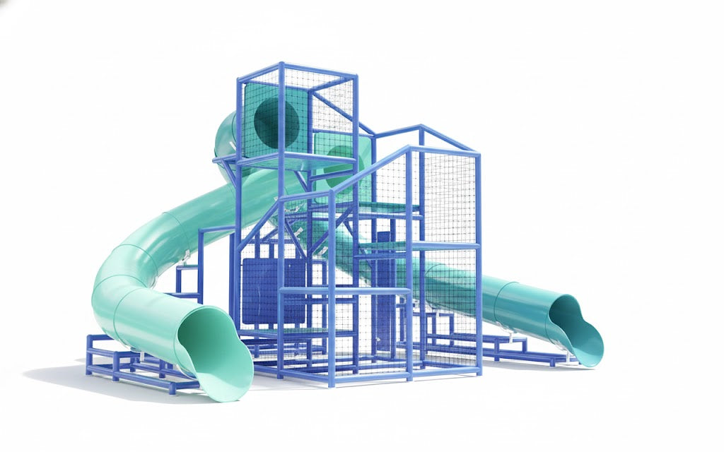 Yellowstone River Water Slide with dual turquoise tube slides and blue climbing frame at outdoor pool