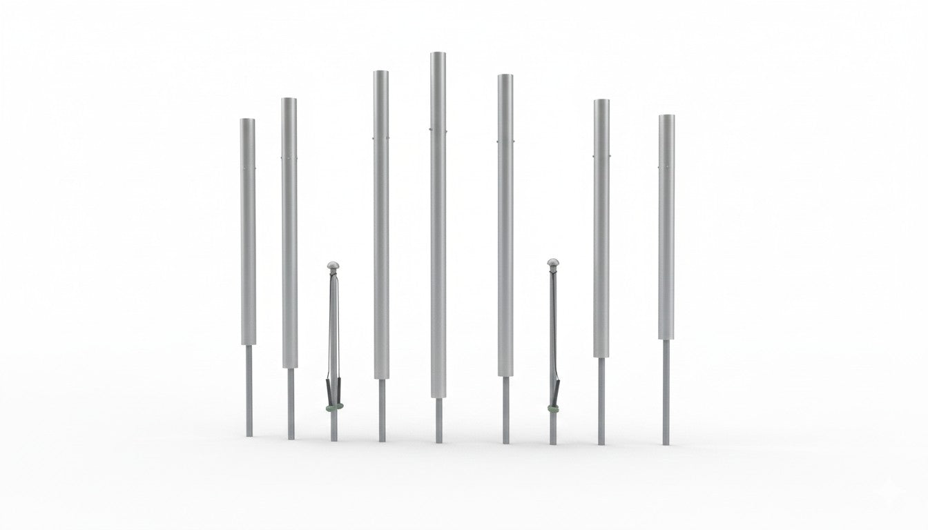 Contrabass Chimes outdoor musical park instrument with seven tall anodized aluminum chimes and attached mallets in landscaped setting