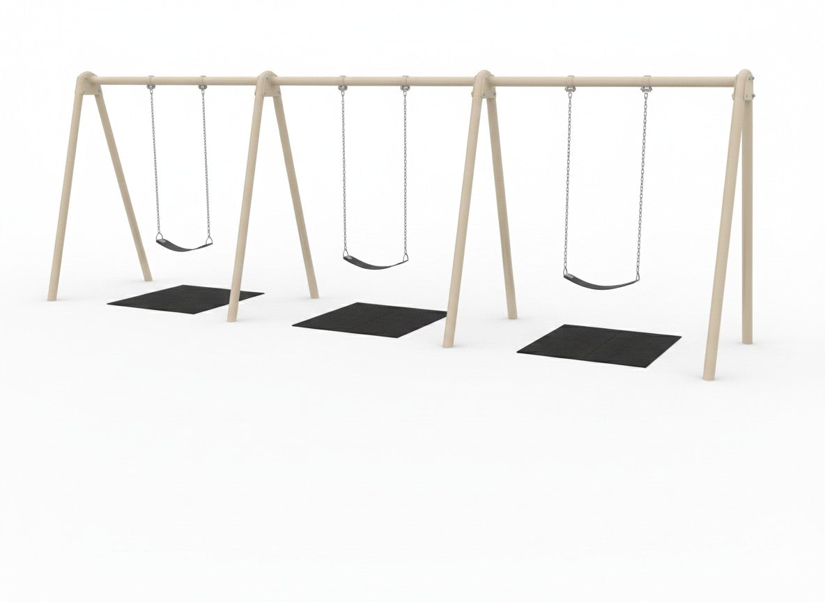 Swing and Slide Rubber Playground Mat set of 10 black rubber mats with beveled edges and waffle texture under playground swings and slide exit on mulch surface