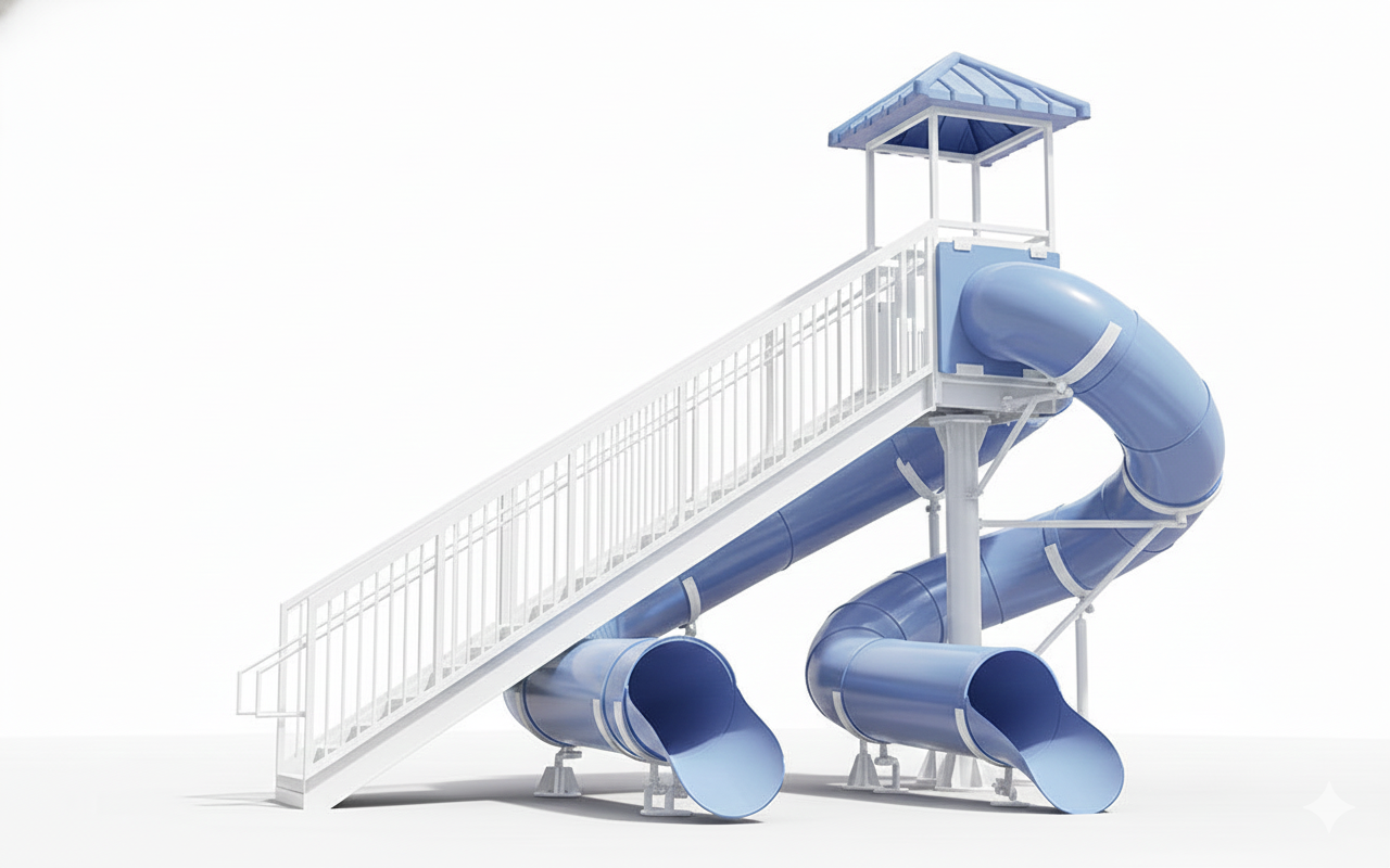 Yosemite Falls Water Slide with dual blue twisting slides, white railings, and shaded top platform by poolside with palm trees and people