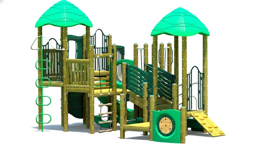 Overpass Play System wooden commercial playground with green canopy roofs, dual wave slide, loop climber, rope steps, and rock ramp on mulch