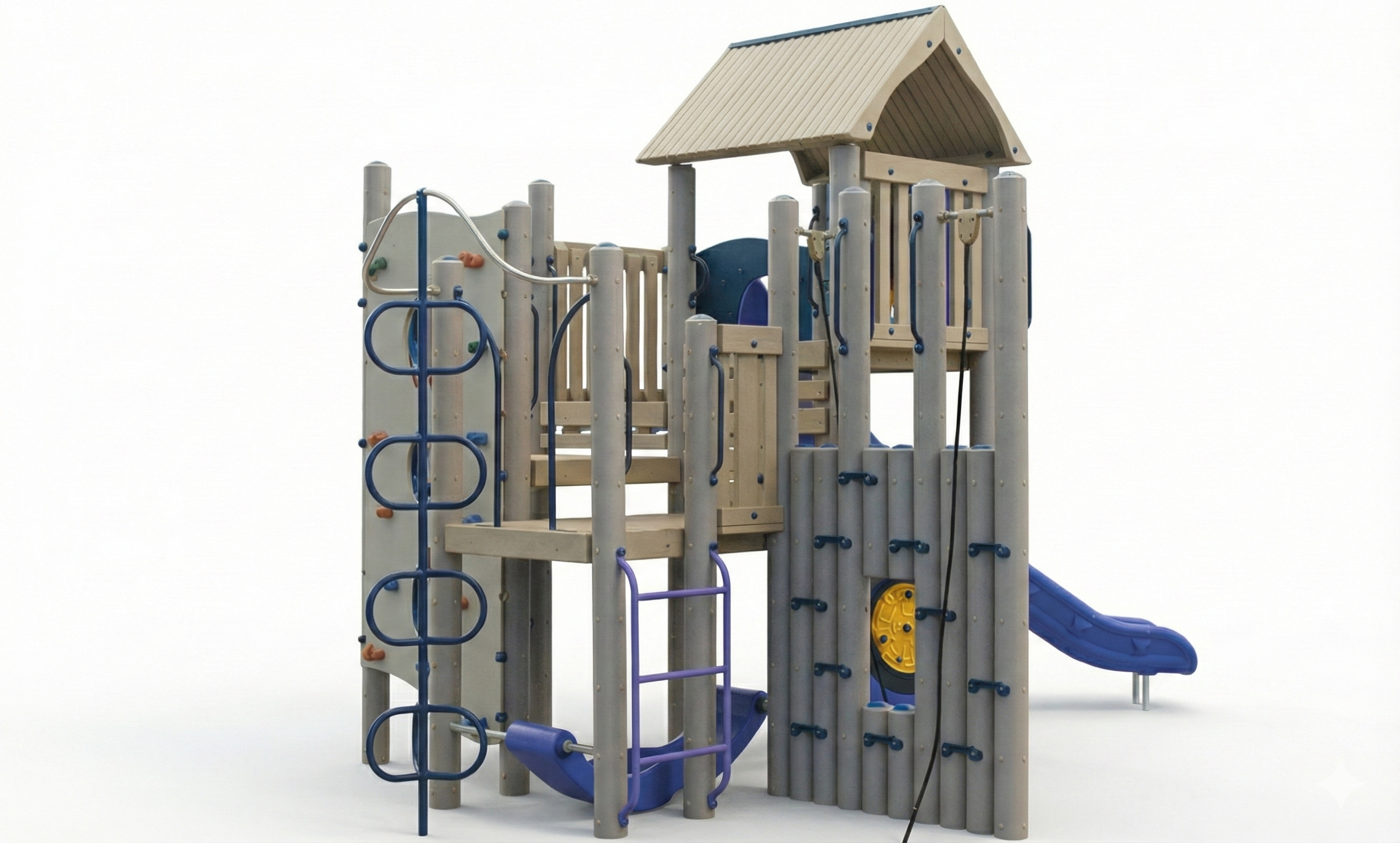 Mountaineer Play System with beige and purple climbing panels, loop climber, slide, and roofed platform for outdoor play