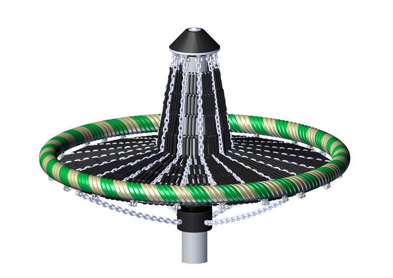 Green and beige circular mushroom-shaped playground spinner with black elevated center and hanging chains for spinning play