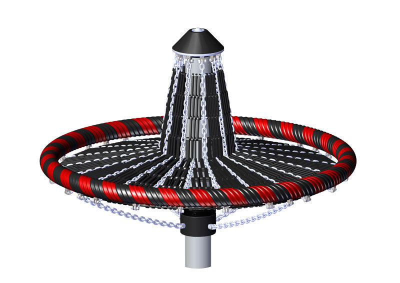 Red and black mushroom-shaped playground spinner with chain details and elevated center for versatile spinning play