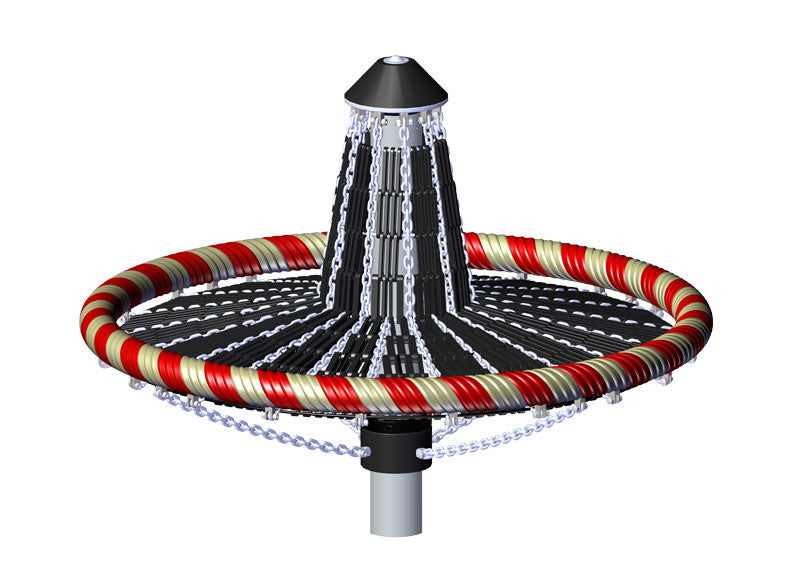 Elevated mushroom-shaped playground spinner with red and beige wrapped handrail, black textured platform, and chain details