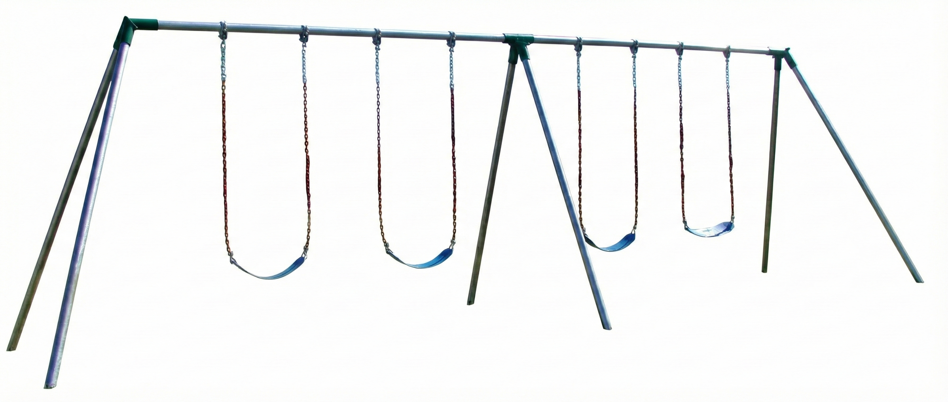 Standard 10 Foot High Residential Swing Set with silver metal frame, green fittings, four blue plastic seats, and red chains on grass