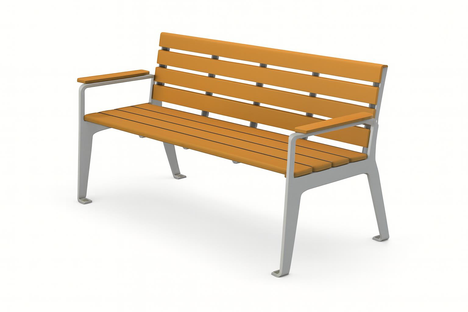 Plaza Recycled Plastic Park Bench with cedar-colored slats, silver metal frame and armrests, durable eco-friendly outdoor seating