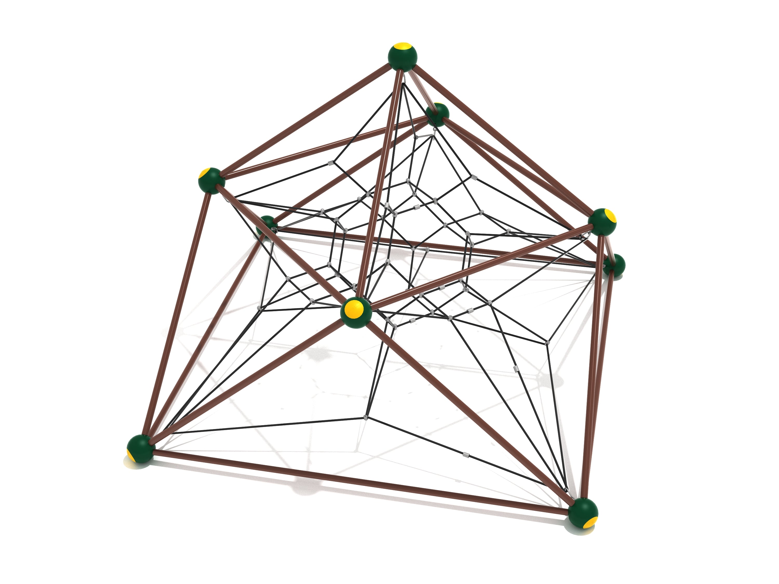 Pyramid-shaped climbing structure with brown metal frame, green and yellow corner hubs, and black rope webbing forming a multi-directional climbing net.