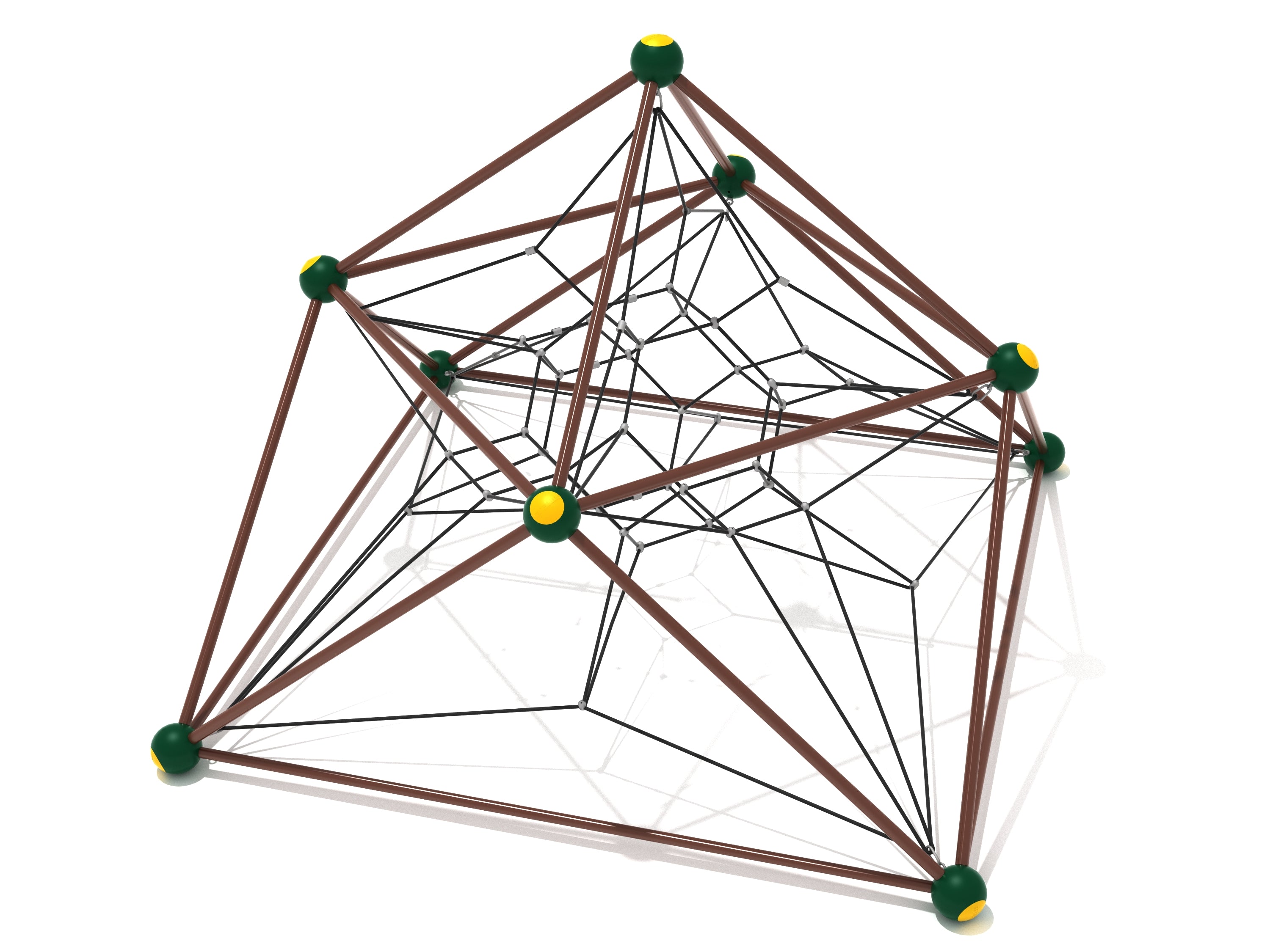 Pyramid-shaped net climber with brown metal frame, green and yellow corner hubs, and black interconnected climbing ropes