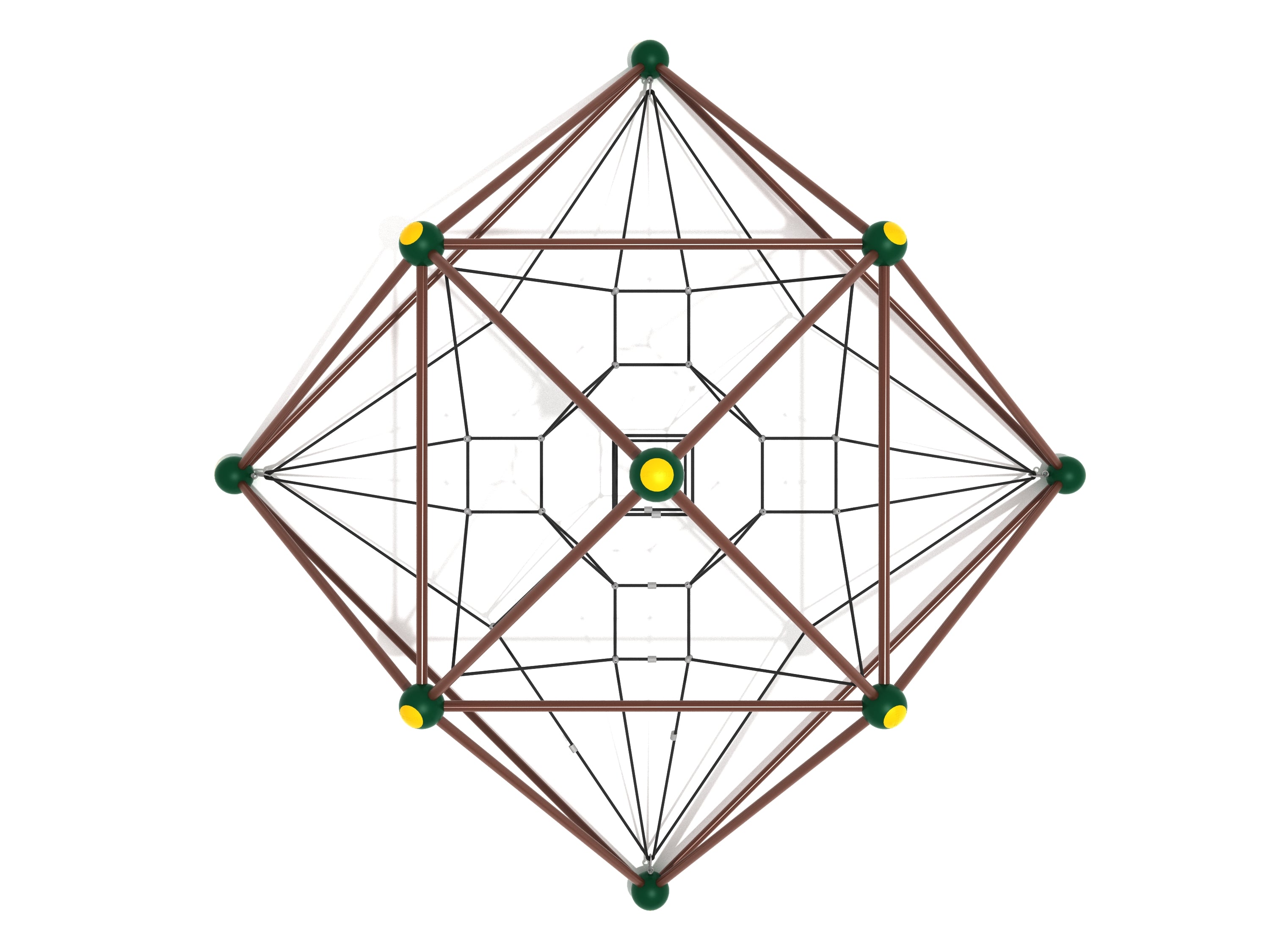 Overhead view of a geometric pyramid climbing structure with brown frame, green and yellow hubs, and black rope webbing