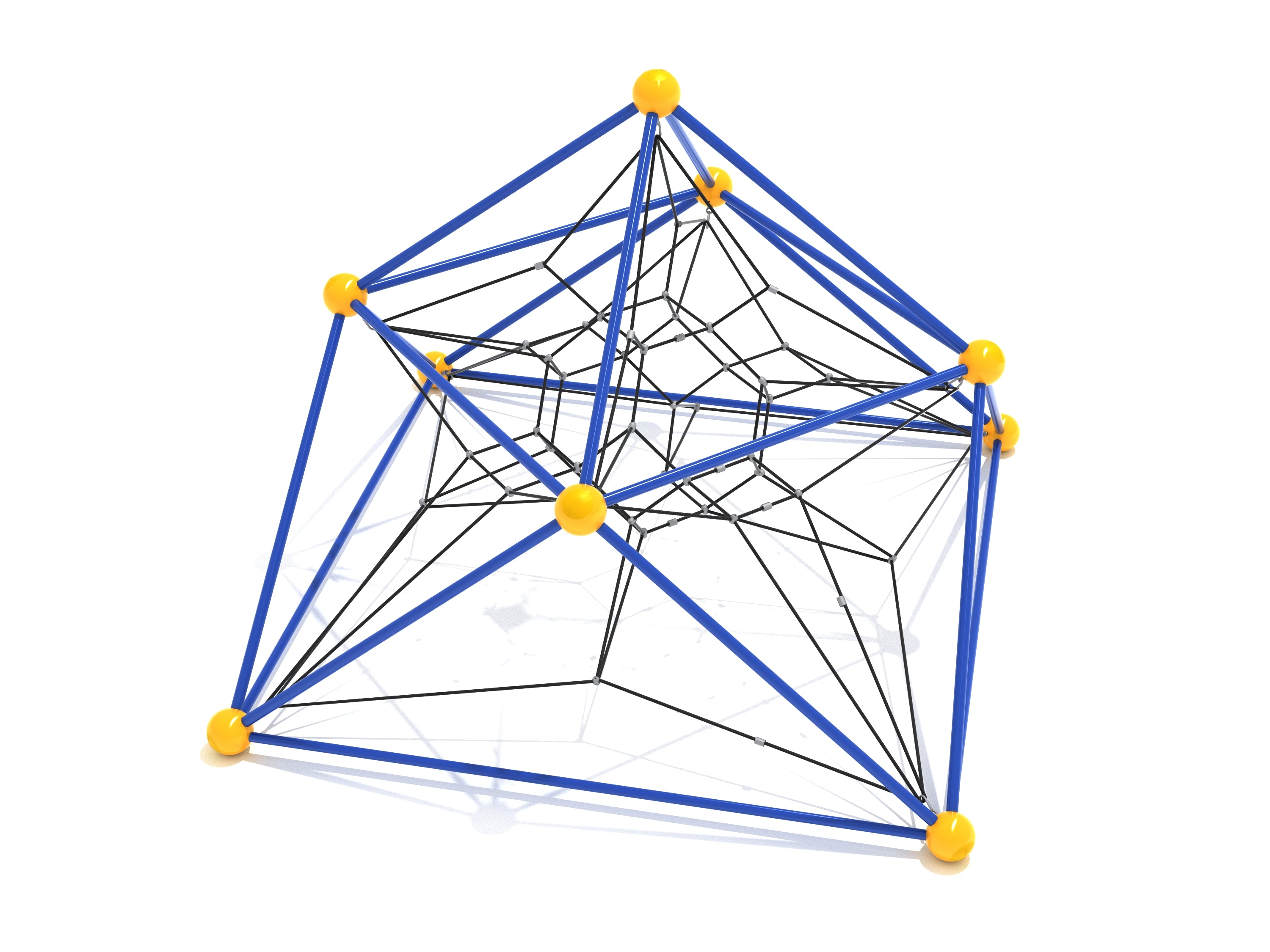Cosmic Crest Net Climber with blue frame, yellow hubs, and black multi-directional rope web for climbing play