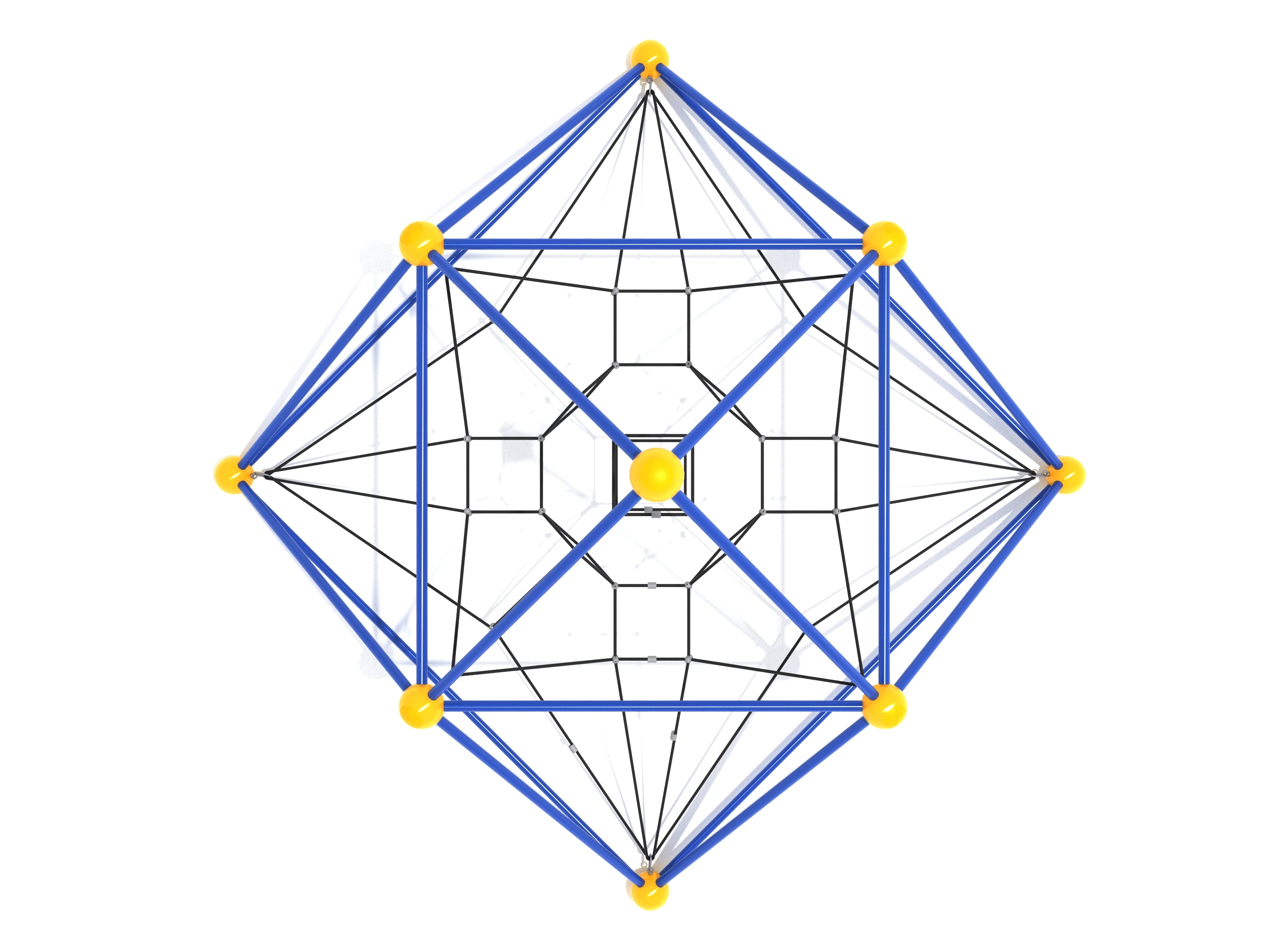 Overhead view of a geometric climbing net with blue frame, yellow connectors, and black rope web for playground activity