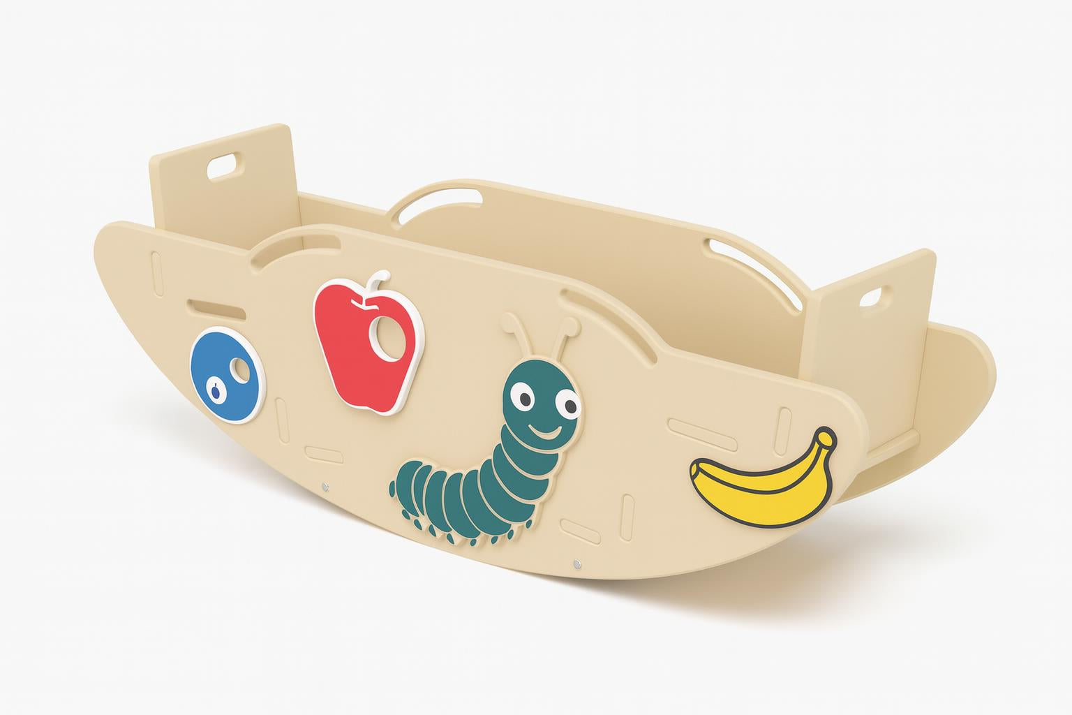 Slayden's Seesaw playground seesaw with beige base featuring colorful caterpillar, apple, banana, and blue circle figures