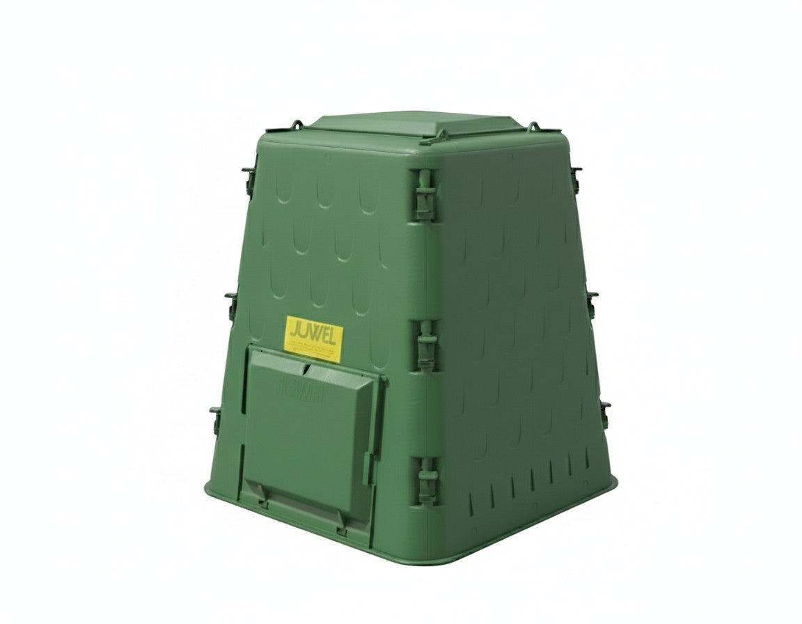 AeroQuick Composter green outdoor compost bin with hinged lid, sliding lock, and two side access doors in garden setting