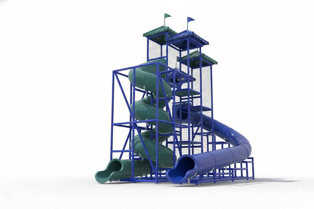 The Coral Sea Water Slide with two blue and green spiral and curved flumes, blue aluminum frame, and green roofs with flags by a pool