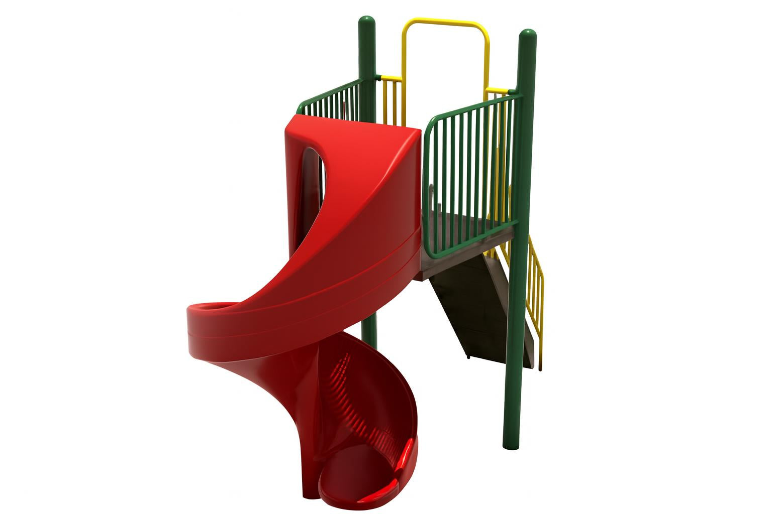 Six Foot Spiral Slide with red spiral chute, green handrails, and yellow safety bars on playground wood chip surface