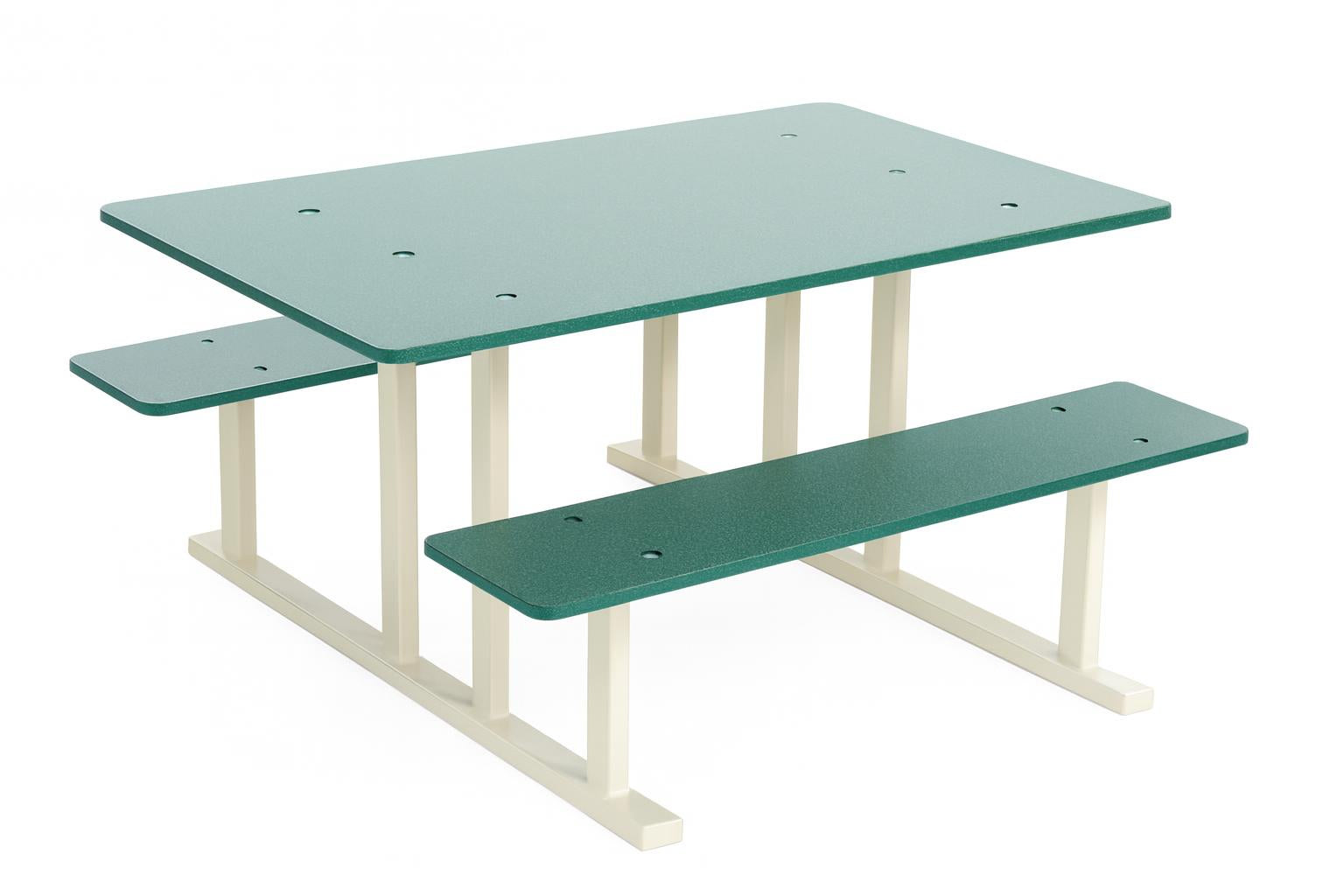 Preschool Picnic Table with green HDPE plastic top and benches, beige powder-coated metal frame, sturdy outdoor seating on grass