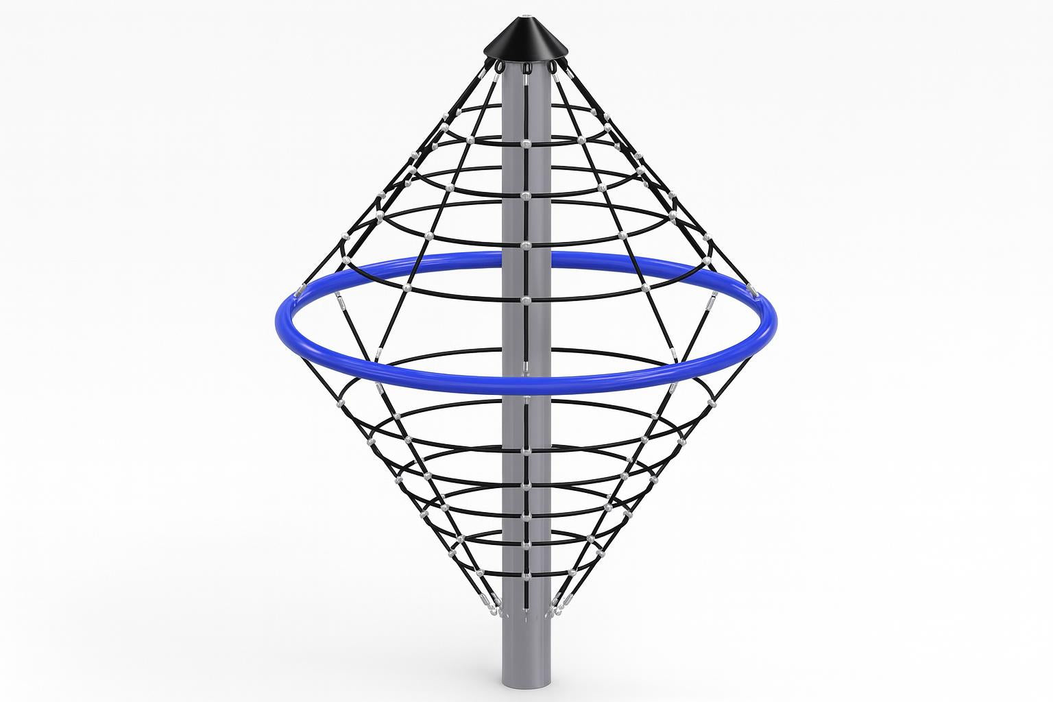 Climbing Whirl Mini playground structure with black conical ropes, central metal pole, and blue circular ring for active play and balance